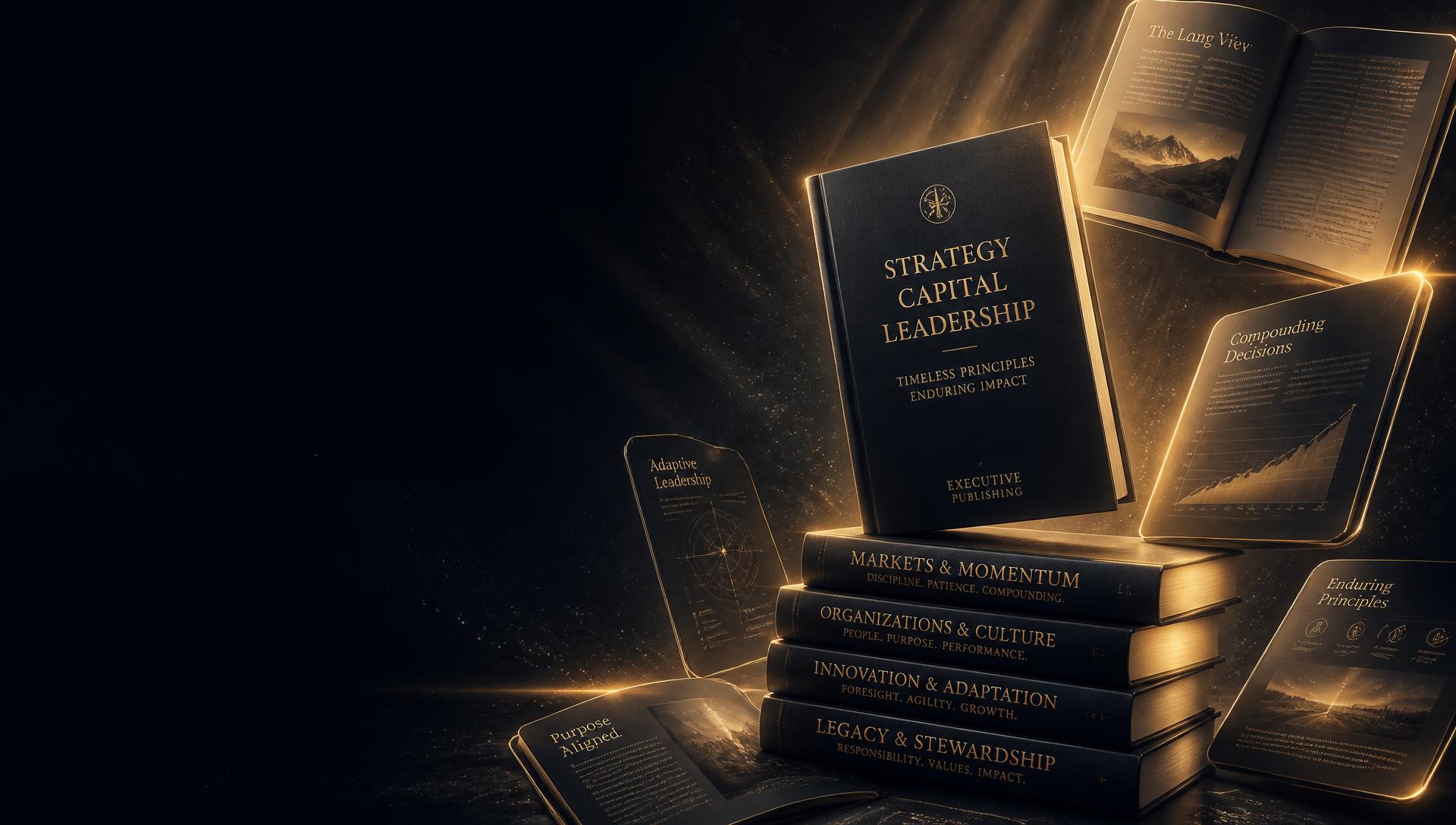 Executive monographs arranged in warm studio light